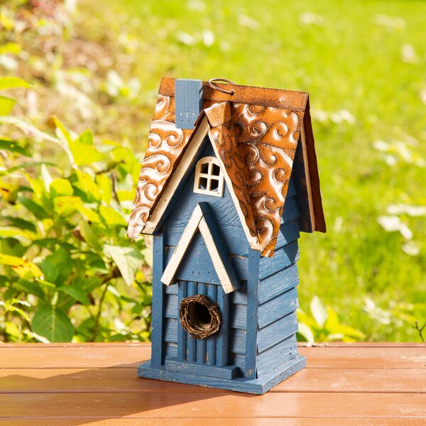 Blue & White Outdoor Birdhouse: Garden Cottage Style w/Broken Dishware. Hand-painted, Raised outlet Floral Motif over patterned background.